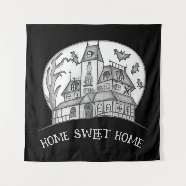 Haunted House and Bats Halloween  Tapestry (Front)