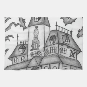 Haunted House and Bats Halloween Tea Towel