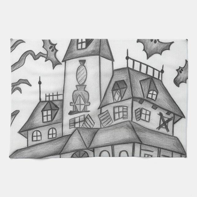 Haunted House and Bats Halloween  Tea Towel (Horizontal)
