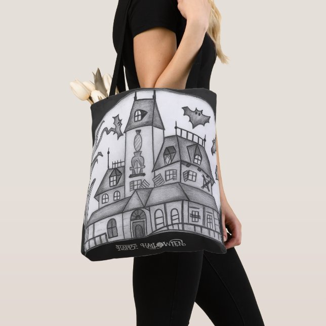 Haunted House and Bats Halloween  Tote Bag (Close Up)