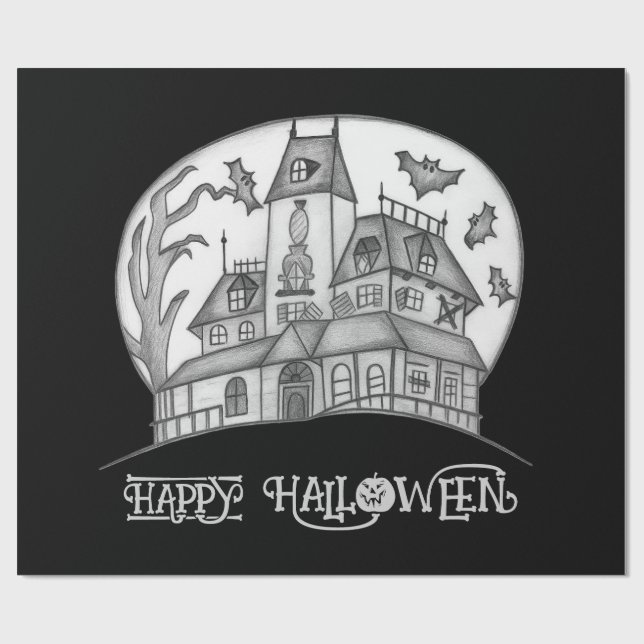 Haunted House and Bats Halloween  Wrapping Paper (Flat)