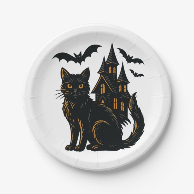 Haunted house and cat Paper Plate (Front)