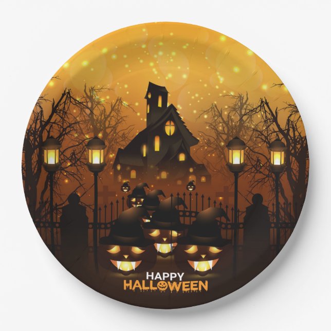 Haunted House and Pumpkins Paper Plate (Front)