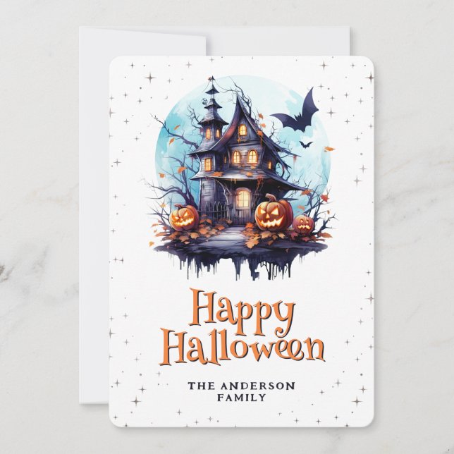 Haunted House Bats Moon Jack O’Lanterns Halloween Holiday Card (Front)