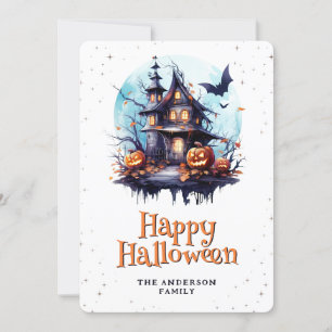 Haunted House Bats Moon Jack O’Lanterns Halloween Holiday Card