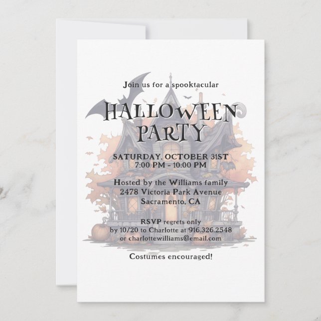 Haunted House Bats Pumpkin Halloween Party Invitation (Front)