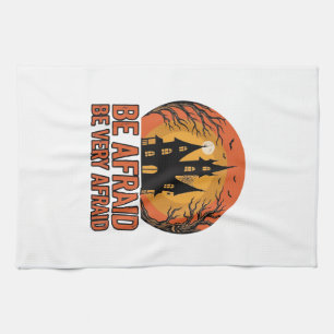Haunted House Be Afraid Vintage Halloween Design_1 Tea Towel