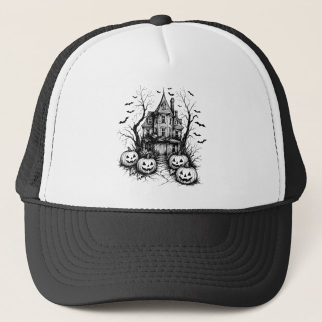 Haunted House Black and White Halloween Trucker Hat (Front)