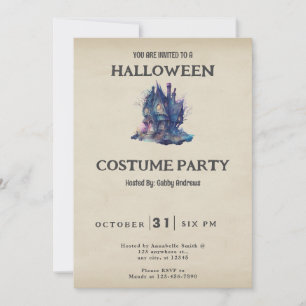 Haunted House Blue Pink Vintage Halloween Invitation