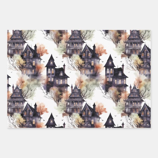 Haunted House Elegant Halloween Wrapping Paper Sheet (Front)