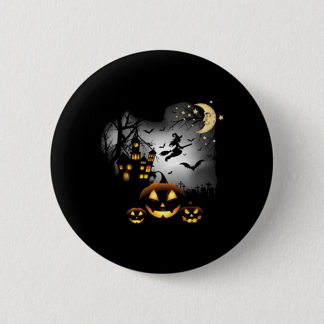 Haunted House  - Flying Witch - Jack o Lantern  6 Cm Round Badge (Front)