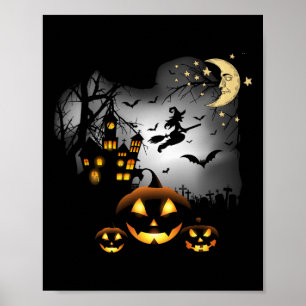 Haunted House  - Flying Witch - Jack o Lantern  Poster