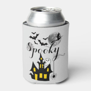 Haunted House Flying Witch Spooky Halloween Can Cooler