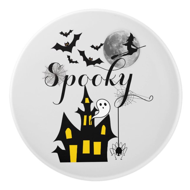Haunted House Flying Witch Spooky Halloween Ceramic Knob (Front)