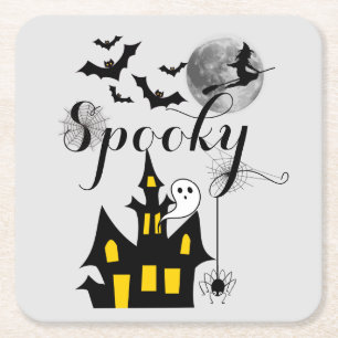Haunted House Flying Witch Spooky Halloween Square Paper Coaster