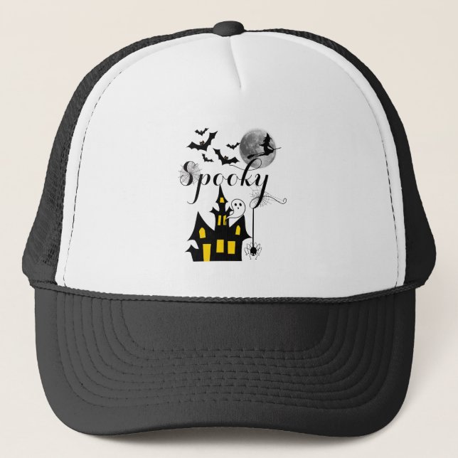 Haunted House Flying Witch Spooky Halloween Trucker Hat (Front)