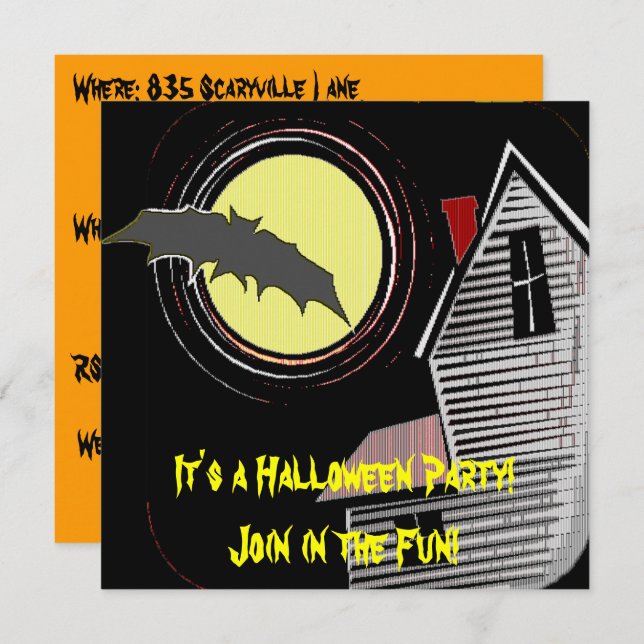 Haunted House Full Moon and Bat Invitation (Front/Back)