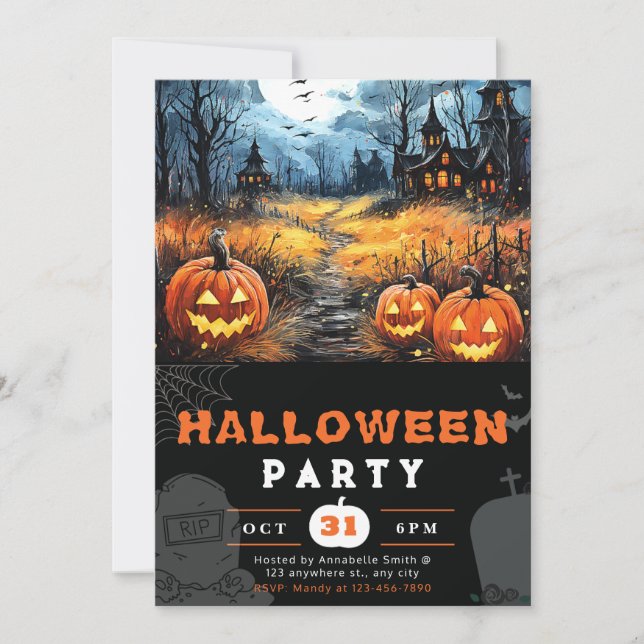 Haunted House Full Moon and Bats Black Halloween Invitation (Front)