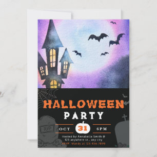 Haunted House Full Moon Bats Black Halloween Invitation