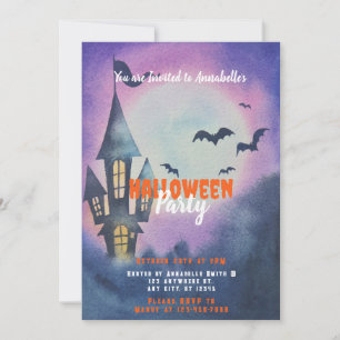 Haunted House Full Moon Bats Halloween Party Invitation