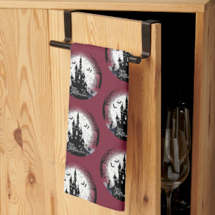 Haunted House Full Moon Bats Happy Halloween Tea Towel