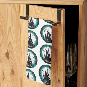 Haunted House Full Moon Bats Happy Halloween Tea Towel
