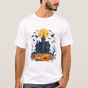Haunted House Full Moon Bats Spooky Halloween T-Shirt