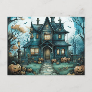 Haunted House Full Moon Pumpkins Halloween Holiday Postcard