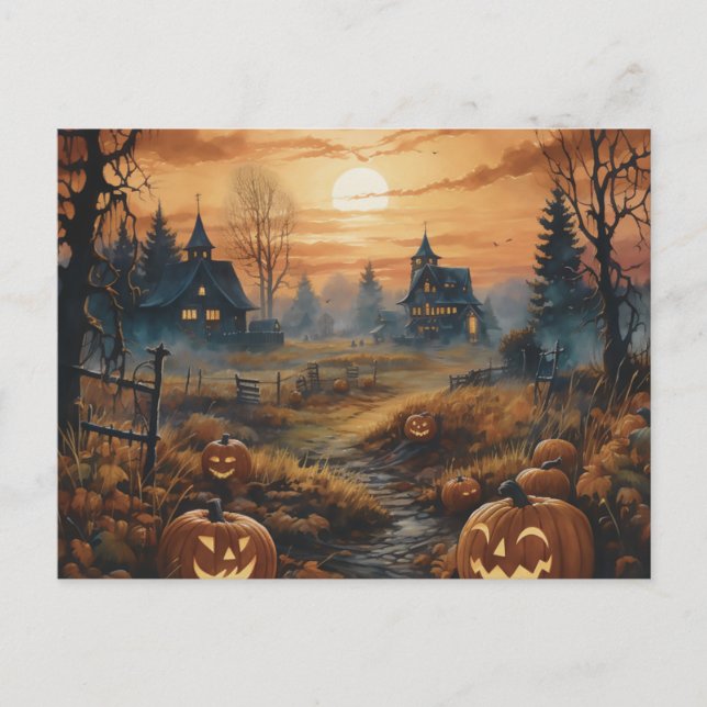 Haunted House Full Moon Pumpkins Halloween Holiday Postcard (Front)