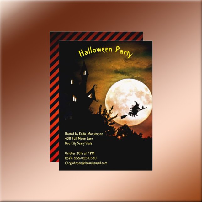Haunted House Full Moon Witch Halloween Party Invitation (Haunted House Full Moon Witch Halloween Party Invite)