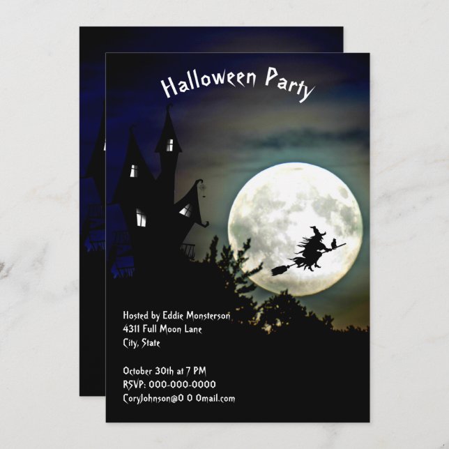 Haunted House, Full Moon, Witch Halloween Party Invitation (Front/Back)