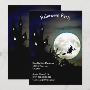 Haunted House, Full Moon, Witch Halloween Party Invitation