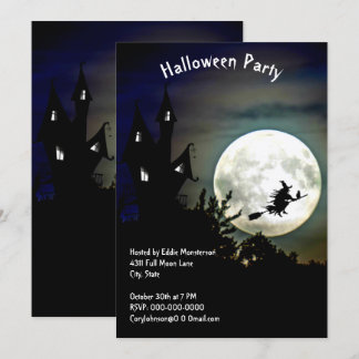 Haunted House, Full Moon, Witch Halloween Party Invitation