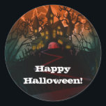 Haunted House Graveyard Halloween Party Classic Round Sticker<br><div class="desc">customise with any text. The Halloween Party Text is removable or can be re-positioned.
Created by:Brochure vector created by Freepik</div>