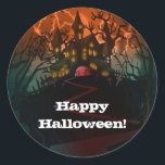 Haunted House Graveyard Halloween Party Classic Round Sticker<br><div class="desc">customise with any text. The Halloween Party Text is removable or can be re-positioned.
Created by:Brochure vector created by Freepik</div>