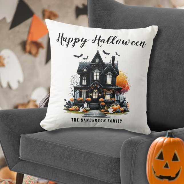 Haunted House Halloween Cushion (Haunted House Halloween Throw Pillow)