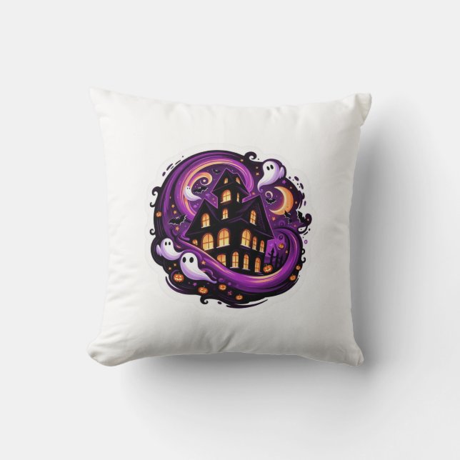 Haunted House Halloween Ghosts, Pumpkins & Bats  Cushion (Front)