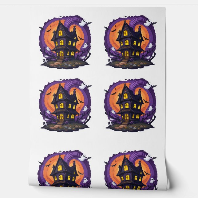 Haunted House Halloween Gothic Spooky Mansion Bats Wallpaper (Unrolling)