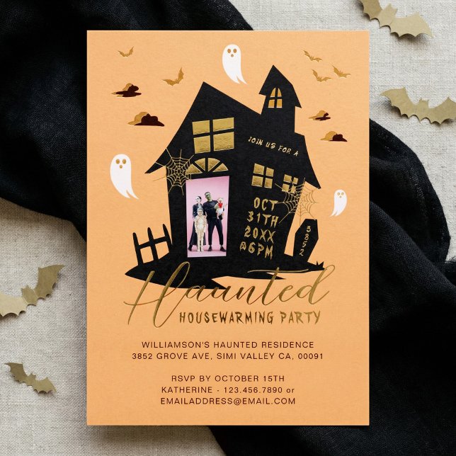 Haunted House Halloween Housewarming Party Photo (Haunted House Halloween Photo Housewarming Party Foil Invitation)
