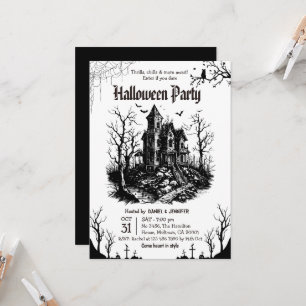Haunted House Halloween Party Black White Gothic Invitation
