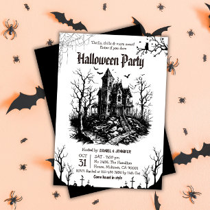 Haunted House Halloween Party Black White Gothic Invitation
