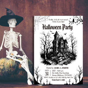 Haunted House Halloween Party Black White Gothic Invitation