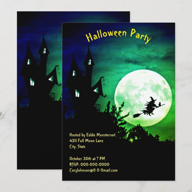 Haunted House Halloween Party Moon Witch Invitation (Front/Back)