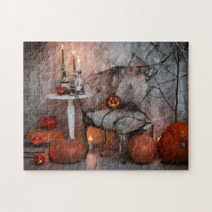 Haunted House Halloween Pumpkins Candles Jigsaw Puzzle