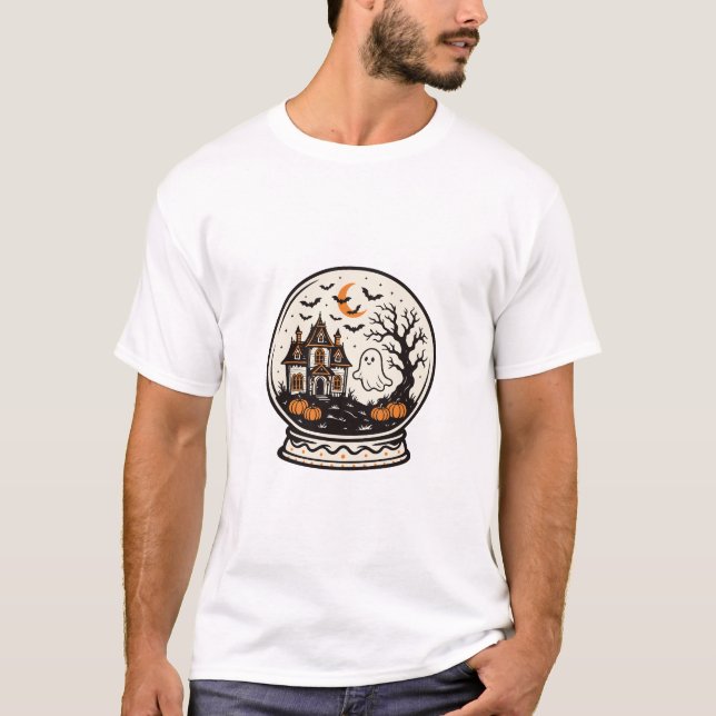 Haunted House Halloween Snow Globe T-Shirt (Front)