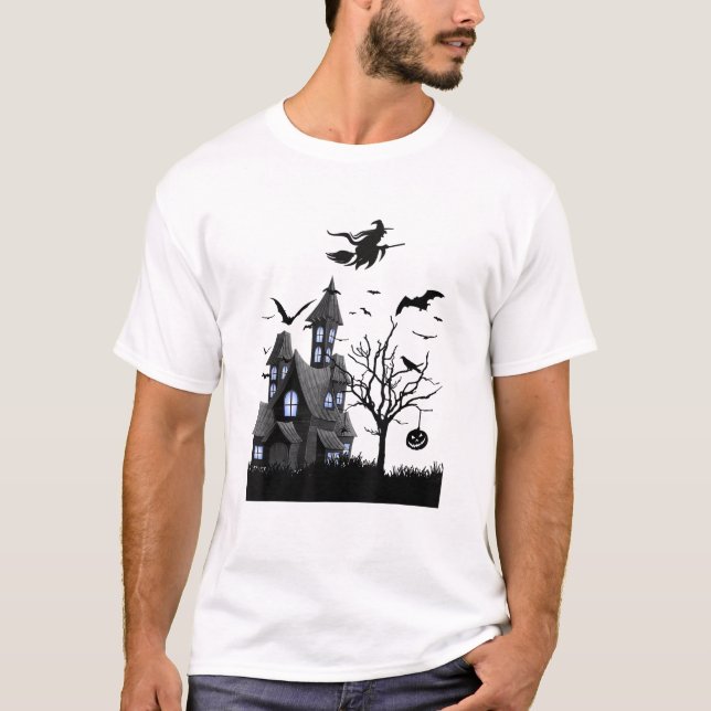 Haunted House Halloween T-Shirt Flying Bats, Witch (Front)
