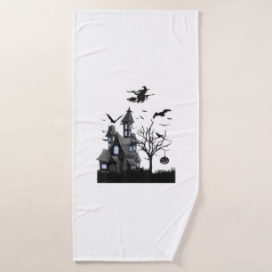 Haunted House Halloween T-Shirt Flying Bats, Witch Bath Towel
