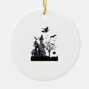 Haunted House Halloween T-Shirt Flying Bats, Witch Ceramic Tree Decoration