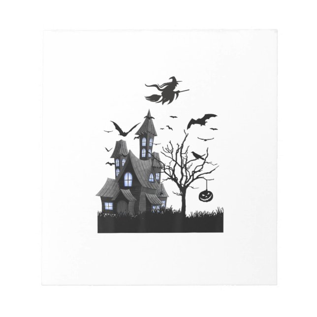 Haunted House Halloween T-Shirt Flying Bats, Witch Notepad (Front)