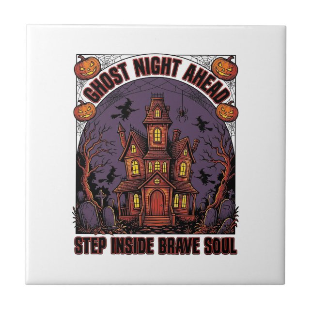 Haunted House Halloween Vintage Engraving Design_1 Tile (Front)